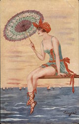 Art Deco Girl at Beach With Umbrella Postcard