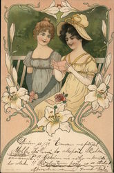 Two Girls on Bench with Letter Postcard