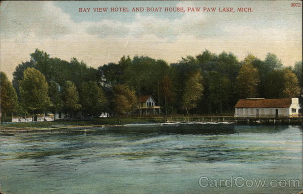 Bay View Hotel and Boat House Paw Paw Lake, MI Postcard