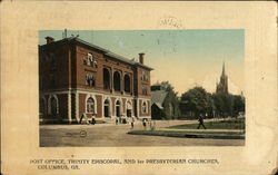 Post Office, Trinity Episcopal., AND 1st Presbyterian Churches Postcard