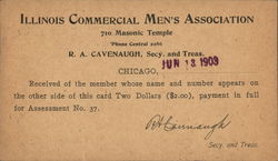 Illinois Commercial Men's Association Acknowledgement of $2 Assessment Received Postcard