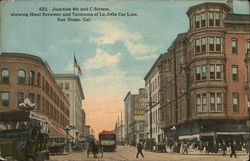 Junction 4th and C Streets, Hotel Brewster and Terminus of La Jolla Car Line Postcard