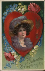 Valentine Greetings with Girl on Heart with Flowers Postcard