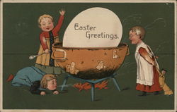 Easter Greetings with Children Cooking a Large Egg Eggs Postcard Postcard