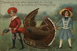 Boy and Girl with a Turkey Turkeys Postcard Postcard