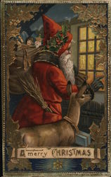 Santa with Reindeer and Bag of Toys Santa Claus Postcard Postcard