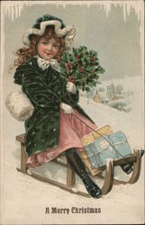 A Merry Christmas with Girl on Sled Children Postcard Postcard