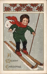 Boy With Fur Hat And Red Scarf Skiing Downhill Children Postcard Postcard