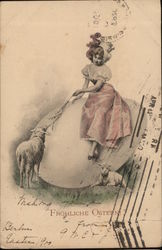 Girl in Pink Feeding Sheep Sitting on Egg Eggs Postcard Postcard