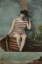 Person in Bathing Suit With Oar and Boat Postcard