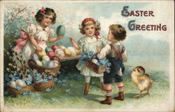 Easter Greeting with Children, Chick, and Eggs Postcard