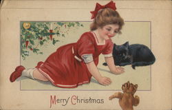 Merry Christmas - Young girl with Kitten and Teddy Bear Postcard