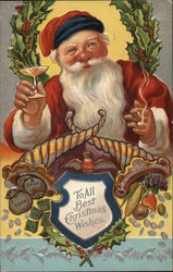 To All Best Christmas Wishes - Santa Toasting and Smoking Cigar Postcard