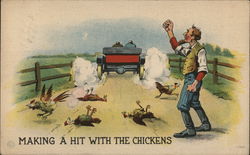 Farmer Shakes Fist at Car that just Ran over his Chickens Comic, Funny Postcard Postcard