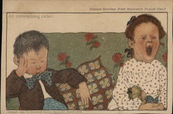 A sleeping boy and yawning girl on a couch with the sarcastic caption "An entertaining caller." Children Postcard Postcard