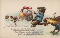 A Happy Easter Tide with Chicken Biting Kitten, Upsetting Easter Egg Basket and Chick Postcard