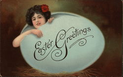 Easter Greetings with Girl in Egg Postcard