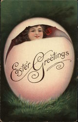 Easter Greetings with Girl in Egg Postcard