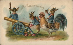 An Easter Greeting with Military Bunnies Firing Eggs From a Cannon With Bunnies Postcard Postcard Postcard