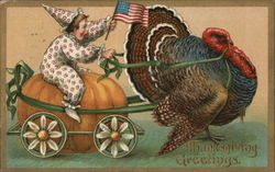 Turkey Pulling Boy on Pumpkin Carraige Postcard