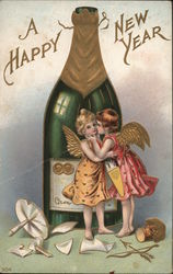 A Happy New Year Champagne Bottle and Winged Girls Angels & Cherubs Postcard Postcard