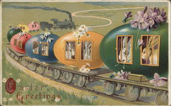 Easter Greetings with Bunnies in Train Cars Made of Eggs Postcard Postcard