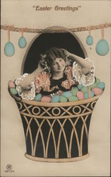 Easter Greetings with Girl in Egg Basket Postcard