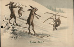 Joyeaux Noel with Rabbits Skiing Christmas Postcard Postcard