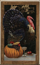 Thanksgiving Greetings - Turkey and Pumpkin on Table Turkeys Postcard Postcard