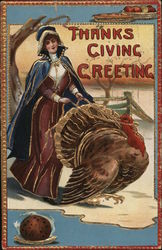 Thanksgiving Greeting with Woman and Turkey Turkeys Postcard Postcard