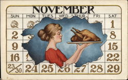 November Calendar Page with Woman Holding Turkey Postcard