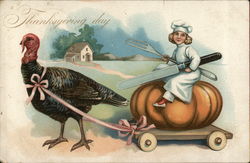 Thanksgiving Day with Turkey Pulling Young Chef on Pumpkin Cart Turkeys Postcard Postcard