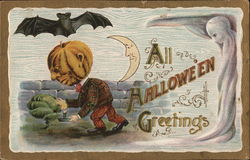 All Halloween Greetings - Pumpkin-headed man with candle, bat and moon Postcard