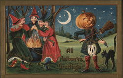 Witches, Pumpkin Head and Black Cat on Halloween Postcard