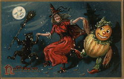 A witch in a red dress dances with a pumpkin man and cat holding a broom by the light of a full moon with a face Halloween Postc Postcard