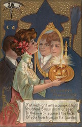 Woman With Pumpkin And Candle Stares In Mirror To See Her Beau Postcard