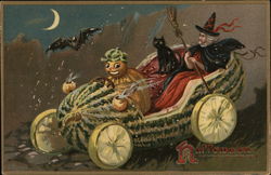 Pumpkin Driving Watermelon Car with Witch and Black Cat in Back Seat Halloween Postcard Postcard