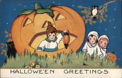 Halloween Greetings with Children and Jack o'lanterns Postcard Postcard