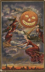 Halloween Greetings with Witches and Jack o'lantern Postcard