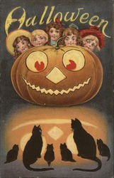 Halloween with Jack o'lantern, Children, and Black Cats Postcard