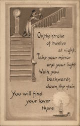 Woman Walking Down Stairs Backwards Holding Mirror Halloween Postcard Postcard