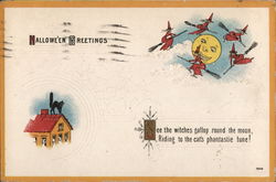 Halloween Greetings with Witches Flying Around the Moon Postcard