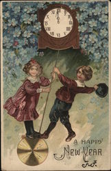 A Happy New Year Boy and Girl Swinging on a Clock Pendulum. Postcard