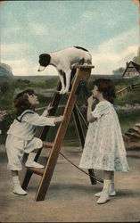 Children and Dog on Ladder Postcard