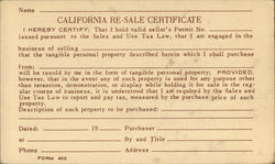 Original Vintage California Resale Certificate Postal Cards & Correspondence Postcard Postcard Postcard