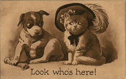 Look Who's Here, Dog with Bone, Cat Wearing Feathered Hat Postcard