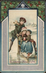 A Happy New Year - Children in Sled on Ice. Postcard Postcard