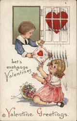 Boy Exchanging Valentine with a Girl, WIndow with Heart Children Postcard Postcard