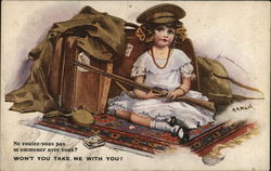 Young Girl With Father's Uniform and Gun and Suitcase Postcard