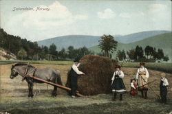 Farming family with bale of hay Saelersdalen, Norway Postcard Postcard